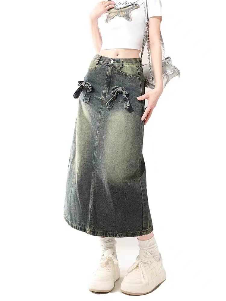 Bow Denim Long skirt